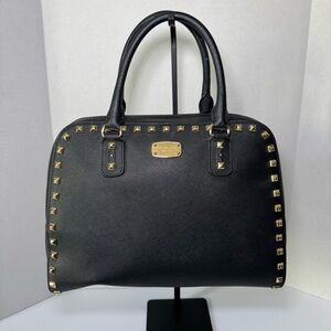 Michael Kors Sandrine Studded Satchel in Black Saffiano Leather w/ Gold Hardware